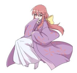 Rule 34 | 1girl, commentary request, itani illust, japanese clothes, kimono, kotohime (touhou), long hair, long sleeves, looking at viewer, purple kimono, red eyes, red hair, sidelocks, simple background, solo, touhou, touhou (pc-98), white background, wide sleeves
