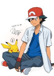 Rule 34 | 1boy, arm support, ash ketchum, black gloves, black hair, blue shirt, brown eyes, closed mouth, collarbone, commentary request, creatures (company), dated, fingerless gloves, game freak, gen 1 pokemon, gloves, grey pants, hair between eyes, hat, highres, male focus, nintendo, one-hour drawing challenge, pants, pikachu, pokemon, pokemon (anime), pokemon (creature), pokemon xy (anime), red footwear, red headwear, shirt, shoes, short hair, signature, sitting, smile, tamura (kouititamura), white background