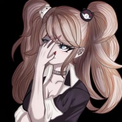 Rule 34 | 1girl, arm under breasts, arm up, bear hair ornament, black background, black choker, black shirt, blonde hair, blue eyes, blush, breasts, choker, cleavage, collarbone, collared shirt, crossed arms, danganronpa: trigger happy havoc, danganronpa (series), enoshima junko, fake nails, fingernails, hair ornament, hand on own face, highres, jojo pose, kii tsumu, lace, lace choker, nail polish, one eye covered, pale skin, red nails, shirt, short sleeves, simple background, smile, twintails, upper body