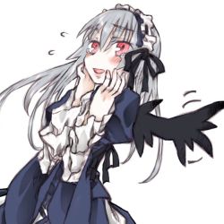 Rule 34 | 00s, 1girl, blush, female focus, hairband, kakashichi, rozen maiden, silver hair, simple background, solo, suigintou, wings