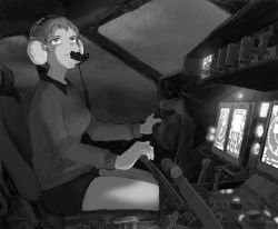 Rule 34 | 10s, 1girl, @p s r   , aircraft, airplane, bad id, bad twitter id, cockpit, freckles, girls und panzer, greyscale, headset, looking up, monochrome, naomi (girls und panzer), payama, pilot, short hair, shorts, sitting, sky, solo, uniform, very short hair