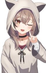 Rule 34 | 1girl, ahoge, animal hood, berry, black choker, brown eyes, brown hair, brown hoodie, chahanramen, choker, crossed bangs, earrings, ears through headwear, fingernails, food-themed earrings, highres, hololive, hololive english, hood, hood up, hoodie, jewelry, long hair, multicolored hair, nanashi mumei, nanashi mumei (casual), necklace, official alternate costume, one eye closed, open mouth, oversized clothes, red shirt, shirt, sleeves past wrists, streaked hair, sweater, virtual youtuber, white sweater, wide sleeves