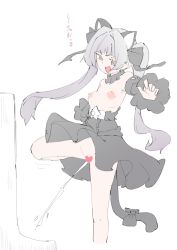 Rule 34 | 1girl, amekko, animal ears, breasts, cat ears, cat tail, censored, grey hair, highres, hololive, murasaki shion, nipples, no panties, open mouth, peeing, small breasts, smile, solo, standing, tail, toilet use, urinal, urinal use, virtual youtuber, white background