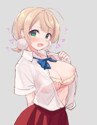 Rule 34 | 1girl, ?, @ @, ahoge, blonde hair, blue neckwear, blush, bra, breasts, breasts out, clothes pull, commentary request, festa11307070, green eyes, grey background, hair ornament, heart, highres, indie virtual youtuber, large breasts, medium hair, naughty face, nipple slip, nipples, one breast out, open clothes, open mouth, open shirt, pom pom (clothes), pom pom hair ornament, puffy nipples, red skirt, shigure ui (vtuber), shirt, shirt pull, short sleeves, sidelocks, simple background, skirt, solo, underwear, virtual youtuber, white shirt