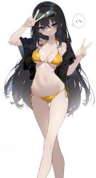 Rule 34 | 1girl, bikini, black hair, black jacket, breasts, cleavage, closed mouth, double v, eyewear on head, frown, grey eyes, hair between eyes, harenchi, highres, jacket, long hair, long sleeves, medium breasts, mole, mole on breast, navel, open clothes, open jacket, original, simple background, solo, standing, sunglasses, swimsuit, v, white background, yellow bikini