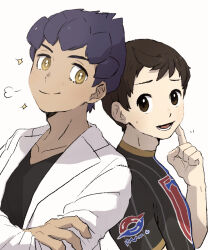 Rule 34 | 2boys, :d, black shirt, blush, bright pupils, brown eyes, brown hair, champion uniform, closed mouth, coat, commentary request, creatures (company), crossed arms, game freak, hand up, highres, hiragana (maru kaku), hop (pokemon), index finger raised, lower teeth only, male focus, multiple boys, nintendo, open clothes, open coat, open mouth, pokemon, pokemon swsh, purple hair, shirt, short hair, short sleeves, simple background, smile, sparkle, split mouth, sweatdrop, teeth, upper body, victor (pokemon), white background, white coat, yellow eyes