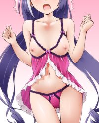 Rule 34 | 1girl, ^^^, babydoll, black hair, blush, bow, bow panties, breasts, collarbone, cupless babydoll, dr rex, fang, gluteal fold, gradient background, head out of frame, karyl (princess connect!), long hair, low twintails, multicolored hair, navel, nipples, open mouth, panties, pink babydoll, pink bow, pink panties, princess connect!, simple background, small breasts, solo, streaked hair, thigh gap, twintails, underwear, very long hair, white hair