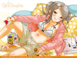 Rule 34 | 1girl, bra, brown hair, food, gagraphic, hood, hooded jacket, inuburo, jacket, licking lips, lingerie, lying, magazine (object), midriff, open clothes, open jacket, pillow, shorts, solo, tongue, tongue out, twintails, underwear, wallpaper