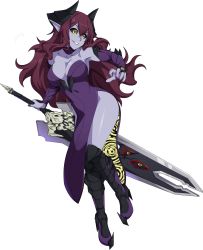 Rule 34 | 1girl, absurdres, armor, black sclera, breasts, choker, chuunioniika, cleavage, colored sclera, colored skin, demon girl, demon horns, demon tail, dress, fearless night, full body, greaves, hell princess, highleg, highleg dress, highres, horns, huge weapon, large breasts, lips, long hair, nail polish, no wings, pelvic curtain, pointy ears, purple dress, purple skin, red hair, reverse grip, smile, solo, tail, transparent background, weapon, yellow eyes