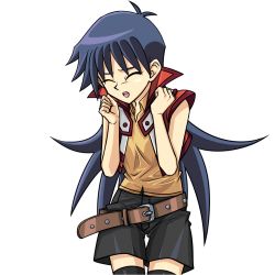 Rule 34 | 1girl, belt, black thighhighs, blue hair, breasts, brown eyes, closed eyes, hair between eyes, jacket, official art, open clothes, open jacket, open mouth, saotome rei, shorts, thighhighs, yu-gi-oh!, yu-gi-oh! gx