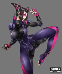 Rule 34 | 1girl, armpits, biker clothes, bikesuit, black hair, blunt bangs, bodysuit, breasts, capcom, cleavage, covered collarbone, covered erect nipples, drill hair, eyepatch, fingernails, gloves, grey background, han juri, high collar, highres, large breasts, long fingernails, one eye covered, plantar flexion, purple eyes, simple background, skin tight, solo, standing, standing on one leg, street fighter, street fighter v, thighs, twin drills