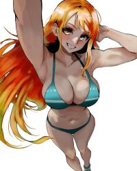 Rule 34 | 1girl, arm behind head, arm up, armpits, bare legs, bikini, breasts, curvy, foreshortening, green bikini, head tilt, highres, large breasts, legs, long hair, looking at viewer, midriff, nami (one piece), navel, one piece, orange eyes, orange hair, sandals, shiny skin, shoulder tattoo, smile, solo, stomach, swimsuit, tattoo, teeth, vcais, very long hair, white background, wide hips