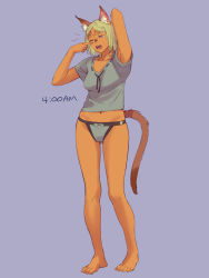 Rule 34 | 1girl, animal ear fluff, animal ears, arm behind back, arm up, bare legs, barefoot, blonde hair, blue eyes, bow, bow panties, breasts, cat ears, cat girl, cat tail, collarbone, dark-skinned female, dark skin, final fantasy, final fantasy xi, full body, gluteal fold, grey panties, grey shirt, medium breasts, mithra (ff11), navel, one eye closed, open mouth, panties, purple background, shirt, short hair, short sleeves, simple background, solo, standing, tail, tears, teeth, toenails, underwear, waking up, yawning, yuccoshi