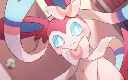 Rule 34 | blue eyes, blurry, blurry background, blush, closed mouth, commentary request, creatures (company), door, game freak, gen 6 pokemon, indoors, katsukare, looking at viewer, nintendo, no humans, pokemon, pokemon (creature), smile, solo, sylveon