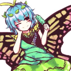 Rule 34 | 1girl, antennae, aqua hair, bad anatomy, bad arm, blush, butterfly wings, closed mouth, dress, eternity larva, fairy, food, green dress, hair between eyes, highres, holding, holding food, insect wings, leaf, leaf on head, multicolored clothes, multicolored dress, one eye closed, orange eyes, popsicle, short hair, short sleeves, simple background, smile, solo, touhou, wasabisuke, white background, wings