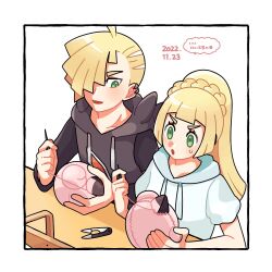 Rule 34 | 1boy, 1girl, :o, ahoge, black shirt, blonde hair, blush, braid, brother and sister, character doll, commentary request, creatures (company), daifuku (pokefuka art), ear piercing, eyelashes, game freak, gladion (pokemon), green eyes, grey vest, hair over one eye, holding, hood, hood down, hooded vest, hoodie, lillie (pokemon), long hair, needle, nintendo, piercing, pokemon, pokemon sm, ponytail, sewing, sewing needle, shirt, short hair, short sleeves, siblings, speech bubble, sweatdrop, table, tassel, translation request, vest, white background, white shirt