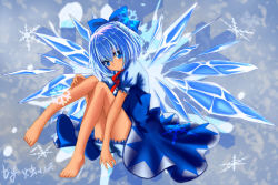 Rule 34 | 1girl, barefoot, blue bow, blue eyes, blue hair, blush, bow, cirno, closed mouth, dark-skinned female, dark skin, derivative work, hair bow, ice, ice wings, looking at viewer, short hair, snowflakes, solo, touhou, wings, zhu xiao tian crazy