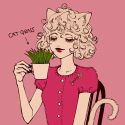 Rule 34 | 1other, androgynous, animal ears, bella scottland, black nails, cat ears, cat tail, chair, chimera ant, closed eyes, collared shirt, cup, curly hair, fingernails, fur-trimmed shirt, fur trim, grass, holding, holding cup, hunter x hunter, nail polish, neferpitou, on chair, other focus, pink background, pink shirt, red lips, sharp fingernails, shirt, short hair, simple background, sitting, smile, solo, tail, white hair