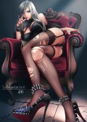 Rule 34 | 1girl, absurdres, angelise reiter, armchair, ass, warrior of light (ff14), black garter straps, black shorts, blue eyes, breasts, brown thighhighs, chair, christian louboutin (brand), cleavage, commission, crossed legs, earrings, feather boa, fictional persona, final fantasy, final fantasy xiv, fingernails, forehead jewel, full body, garlean, garter straps, glaring, high heels, highres, jewelry, large breasts, lips, long legs, looking at viewer, makeup, mascara, nail polish, nose, red nails, red soles, revealing clothes, sadakage, scowl, second-party source, short shorts, shorts, silver hair, sitting, solo, spiked anklet, spiked footwear, stiletto heels, studded bracelet, thighhighs, torn clothes, torn thighhighs