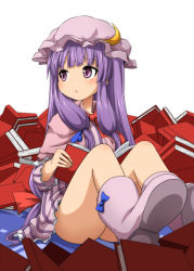 Rule 34 | 1girl, :o, blush, book, boots, capelet, crescent, dress, female focus, hair ribbon, hat, looking away, no panties, patchouli knowledge, purple eyes, purple hair, ribbon, sitting, solo, striped clothes, striped dress, touhou, ukami