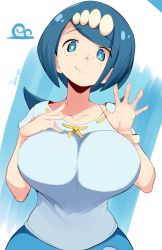 Rule 34 | 1girl, artist name, blue eyes, blue hair, blue skirt, blush, breasts, cleavage, closed mouth, collarbone, creatures (company), curvy, fingernails, freckles, from above, game freak, hair ornament, hand on own chest, highres, jellcaps, lana&#039;s mother (pokemon), large breasts, long hair, looking at viewer, mature female, nintendo, no sclera, pokemon, pokemon (anime), pokemon sm (anime), shirt, short sleeves, skirt, smile, solo, upper body, waving