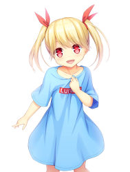 Rule 34 | 1girl, blonde hair, blue shirt, bow, clip studio paint (medium), commentary request, hair between eyes, hair bow, highres, holding, holding clothes, holding shirt, iwamoto sora, kogara toto, looking at viewer, lupinus virtual games, medium hair, red bow, red eyes, shirt, short sleeves, simple background, smile, twintails, virtual youtuber, vspo!, white background