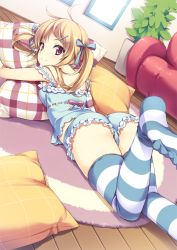 Rule 34 | 1girl, aqua camisole, ass, bare arms, blonde hair, brown eyes, camisole, dutch angle, feet, from behind, hair ornament, hair ribbon, hairclip, hugging object, long hair, looking at viewer, looking back, lying, mmu, no shoes, on stomach, original, pillow, pillow hug, ribbon, shiny skin, skindentation, sleeveless, solo, strap slip, striped clothes, striped thighhighs, thighhighs, toes, twintails, underwear, underwear only