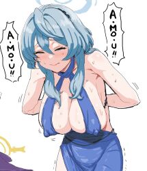 Rule 34 | 1girl, ako (blue archive), ako (dress) (blue archive), blue archive, blue dress, blue hair, breasts, clearite, cleavage, closed eyes, covered erect nipples, dress, dvddvd (meme), furrowed brow, halo, large breasts, long hair, meme, nipples, plunging neckline, sidelocks, speech bubble, sweat, upper body, white background