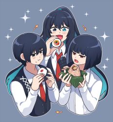 Rule 34 | 1girl, 2boys, :3, black eyes, black hair, collared shirt, eating, food, gredell elle, grey background, happy, highres, hong lu (project moon), leaf, limbus company, long sleeves, makizushi, multiple boys, onigiri, open mouth, project moon, red eyes, ryoshu (project moon), shirt, short hair, simple background, smile, sparkle, sushi, upper body, white shirt, yi sang (project moon)