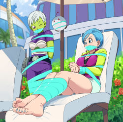 Rule 34 | 2girls, absurdres, arms behind back, barefoot, bdsm, black bra, blue eyes, blue hair, blush, bondage, bound, bound arms, bound legs, bound wrists, bra, breasts, bulma, cheelai, cleavage, colored skin, dragon ball, dragon ball super, dragon ball super broly, gag, gagged, green skin, grey hair, hand on own hip, highres, improvised gag, jacket, jewelry, large breasts, legs, lost one zero, matching hair/eyes, mature female, medium breasts, multiple girls, nail polish, necklace, one eye closed, open clothes, open jacket, purple eyes, shorts, sweat, tape, tape gag, thighs, toenail polish, toenails, underwear, white shorts, wink