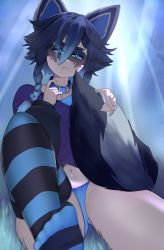 Rule 34 | 1girl, absurdres, animal ears, blue collar, blue eyes, blue hair, blue panties, blue shirt, blue thighhighs, braid, breasts, collar, commentary, dark blue hair, domino mask, english commentary, eyes visible through hair, feet, hachi (888hachi), highres, holding tail, indie virtual youtuber, looking at viewer, mask, medium hair, multicolored hair, navel, panties, raccoon ears, raccoon girl, raccoon tail, shirt, small breasts, snuffy (vtuber), streaked hair, striped clothes, striped thighhighs, tail, thighhighs, underwear, virtual youtuber