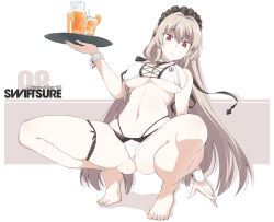 Rule 34 | 1girl, azur lane, barefoot, bikini, breasts, character name, commentary request, cup, highleg, highleg bikini, holding, holding tray, large breasts, light brown hair, long hair, maid, maid bikini, maid headdress, mole, mole under eye, mole under mouth, pitcher (container), red eyes, shadow, shigino sohuzi, simple background, solo, squatting, swiftsure (azur lane), swiftsure (midsummer special service) (azur lane), swimsuit, tray, two-tone background, unconventional maid, white bikini, wrist cuffs
