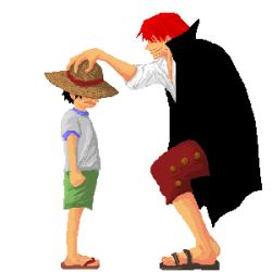 Rule 34 | 2boys, amputee, black hair, child, east blue, full body, hat, jacket, jacket on shoulders, lowres, male focus, monkey d. luffy, multiple boys, one piece, red hair, sandals, shanks (one piece), shirt, standing, straw hat, t-shirt, white shirt, aged down