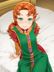 Rule 34 | 1girl, bed, bed sheet, blush, bonnet, breasts, closed mouth, collarbone, curly hair, dragon quest, dragon quest vii, dress, fantasy, fingernails, gold trim, green eyes, hair intakes, jewelry, long hair, long sleeves, looking at viewer, maribel (dq7), on bed, orange hair, pillow, ring, shikuta maru, sitting, small breasts, smile, solo, wooden floor