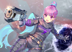 Rule 34 | 1girl, alternate costume, alternate hairstyle, anchor symbol, apex legends, banner, belt, belt buckle, blue hair, blush, bodysuit, braid, breasts, buckle, commentary request, cosplay, cowboy shot, electricity, gloves, grey bodysuit, gun, hair between eyes, hair bun, handgun, holding, holding gun, holding weapon, hololive, looking at viewer, minato aqua, multicolored hair, open mouth, pants, pink hair, portal (object), purple eyes, ribbon, scarf, short hair, sidelocks, single hair bun, small breasts, solo, standing, two-tone hair, utility belt, virtual youtuber, weapon, wraith (apex legends), wraith (apex legends) (cosplay), yoshimoto (dear life)
