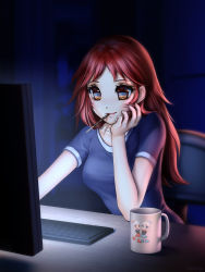Rule 34 | 1girl, arm support, blush, breasts, brown eyes, chair, closed mouth, coffee mug, computer, cup, cuphead, cuphead (game), dark background, food, gigamessy, hand on own cheek, hand on own face, indoors, keyboard (computer), lips, long hair, medium breasts, mouth hold, mug, mugman, original, parted bangs, pocky, purple shirt, red hair, reflection, shirt, short sleeves, sitting, smile, solo, table, tareme, upper body