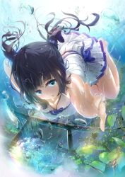 Rule 34 | 1girl, aqua eyes, barefoot, black hair, breasts, bubble, diving, dress, freediving, hair ribbon, highres, leaf, long hair, looking at viewer, md5 mismatch, open mouth, original, resolution mismatch, ribbon, solo, source smaller, swimming, twintails, underwater, underwear, water, wet, wingheart