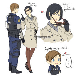 Rule 34 | ..., 1boy, 1girl, ;d, ada wong, black hair, blue eyes, blush, brown hair, bulletproof vest, capcom, choker, coat, comic, english text, fingerless gloves, gloves, heart, high heels, highres, leon s. kennedy, lipstick, long sleeves, makeup, mascara, naomi gumbs (hanamimi), one eye closed, open mouth, pantyhose, police, police uniform, policeman, resident evil, resident evil 2, resident evil 2 (remake), scarf, short hair, simple background, smile, sunglasses, sweatdrop, text focus, thought bubble, trench coat, uniform, white background