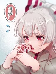 Rule 34 | 1girl, blood, blood on face, blood on hands, blurry, bow, collared shirt, commentary request, depth of field, flying sweatdrops, fujiwara no mokou, furrowed brow, hair bow, hands up, highres, hime cut, long sleeves, mokoiscat, nosebleed, open mouth, red eyes, shirt, solo, speech bubble, suspenders, touhou, translated, upper body, white background, white hair, white shirt