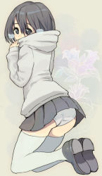 Rule 34 | 1girl, ass, blush, breath, hasesese, hood, hoodie, looking at viewer, looking back, original, short hair, solo, thighhighs