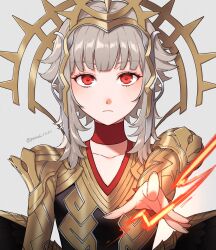 Rule 34 | 1girl, armor, black dress, dress, fire emblem, fire emblem heroes, gold trim, highres, looking at viewer, nintendo, official alternate costume, peach11 01, red eyes, short hair with long locks, solo, straight-on, tiara, veronica (fire emblem), white hair