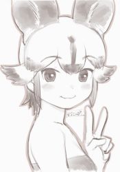 Rule 34 | 1girl, :3, african wild dog (kemono friends), animal ears, bare shoulders, commentary, dog ears, extra ears, greyscale, highres, kemono friends, light blush, looking at viewer, masuyama ryou, monochrome, multicolored hair, portrait, short hair, sketch, smile, solo, v