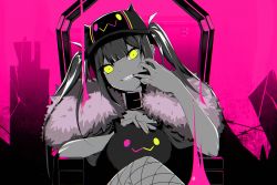 Rule 34 | 1girl, black hat, commentary, english commentary, fake horns, fang, fishnets, hat, highres, hololive, horned headwear, horns, huge filesize, king (vocaloid), looking at viewer, mouth pull, nail polish, pink nails, sitting, solo, therrao, tokoyami towa, twintails, virtual youtuber, vocaloid, yellow eyes