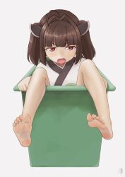 Rule 34 | 1girl, ahoge, bare legs, barefoot, blunt bangs, blush, brown hair, commentary request, eyelashes, feet, grey background, hair intakes, hair ornament, highres, japanese clothes, kimono, knees up, legs, long hair, looking at viewer, open mouth, red eyes, shiny skin, sidelocks, simple background, soles, solo, stuck, tearing up, teeth, toenails, toes, touhoku kiritan, twintails, upper teeth only, v-shaped eyebrows, voiceroid, white kimono, yukkuri bitto