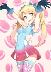Rule 34 | 1girl, ahoge, armpits, arms up, bare arms, blonde hair, bow, bow legwear, breasts, chia (mahou shoujo chia chia channel), cleavage, cleavage cutout, clothing cutout, commentary request, dress, food, food-themed background, gloves, hair bow, head tilt, heart, highres, long hair, looking at viewer, macaron, mafu9, mahou shoujo chia chia channel, medium breasts, multicolored clothes, multicolored dress, multicolored hair, open mouth, pink hair, pink thighhighs, purple eyes, side cutout, sleeveless, sleeveless dress, smile, solo, star-shaped pupils, star (symbol), star print, symbol-shaped pupils, teeth, thighhighs, twintails, virtual youtuber, white bow