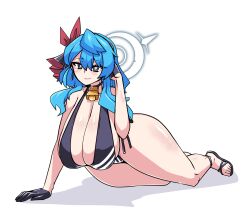 1girl ako_(blue_archive) bell black_choker blue_archive blue_eyes blue_hair breasts choker cleavage collarbone cosplay gloves hair_between_eyes hair_ribbon halo highres huge_breasts iori_(blue_archive) iori_(blue_archive)_(cosplay) lazy_ant neck_bell red_ribbon ribbon sandals sitting slippers solo thick_thighs thighs white_background