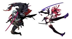 1boy 1girl bikini black_bikini boots cape commentary_request elbow_gloves etrian_odyssey expressionless flat_chest full_body gloves grey_hair hair_over_one_eye highres holding holding_sword holding_weapon long_hair miwa_shirow night_seeker_(sekaiju) night_seeker_1_(sekaiju) night_seeker_2_(sekaiju) official_art red_eyes red_hair sekaiju_no_meikyuu sekaiju_no_meikyuu_4 sekaiju_no_meikyuu_x short_shorts shorts swimsuit sword thigh_boots torn_cape torn_clothes weapon