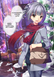 Rule 34 | 10s, 1girl, anchor symbol, bag, black pantyhose, black ribbon, black sweater, blush, brown eyes, buttons, christmas lights, christmas ornaments, christmas tree, commentary, cowboy shot, english text, eyes visible through hair, grey hair, grey jacket, hair ribbon, handbag, highres, jacket, jewelry, kantai collection, kasumi (kancolle), kasumi kai ni (kancolle), lamppost, long hair, looking at viewer, necklace, open mouth, pantyhose, red scarf, ribbon, ring, scarf, sheita, side ponytail, snow, solo, sparkle, speech bubble, sweater, talking, tree, unbuttoned, wedding band, wedding ring, wind, window