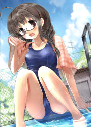 Rule 34 | 1girl, :d, ahoge, bad id, bad pixiv id, blurry, braid, brown eyes, brown hair, cameltoe, chain-link fence, day, depth of field, dutch angle, fence, glasses, light smile, long hair, one-piece swimsuit, open mouth, original, outdoors, pool, pool ladder, poolside, power lines, scarlet (studioscr), school swimsuit, sitting, smile, soaking feet, solo, swimsuit, towel, towel around neck, water, wet