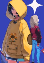 Rule 34 | 2girls, back, back-to-back, blue background, blue hair, blue pants, blue shorts, commentary, cowboy shot, dark blue hair, denim, eyelashes, floral print, from behind, highres, holding, holding weapon, hood, hood up, hoodie, jacket, jeans, kaneni, kawai rika, letterman jacket, light brown hair, long hair, long sleeves, looking at viewer, multicolored clothes, multicolored jacket, multiple girls, one eye covered, ooto ai, pants, short hair, shorts, simple background, sleeves past wrists, striped clothes, striped jacket, sunflower print, triangle hair ornament, two-tone jacket, weapon, wonder egg priority, yellow eyes, yellow hoodie